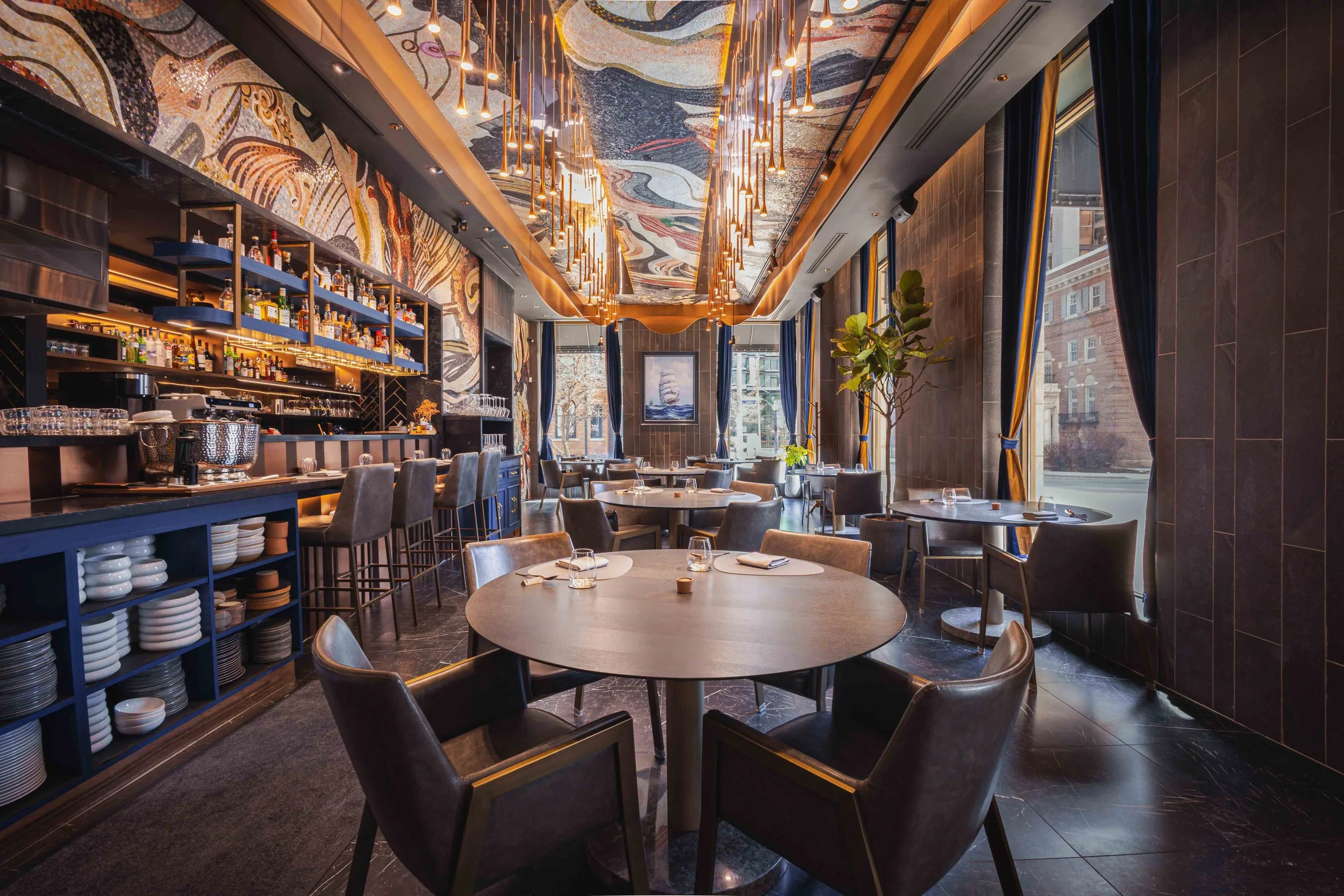 Enigma Yorkville dining room with mosaic ceiling and bar seating